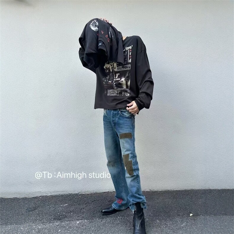 ERD忧郁的富二代贴布拼接丝绒灼烧修长洗水刀割破坏微喇牛仔裤,男装牛仔裤,四季星座505