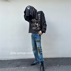 ERD忧郁的富二代贴布拼接丝绒灼烧修长洗水刀割破坏微喇牛仔裤，男装牛仔裤，四季星座505