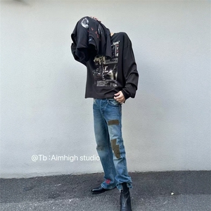 ERD忧郁的富二代贴布拼接丝绒灼烧修长洗水刀割破坏微喇牛仔裤图片