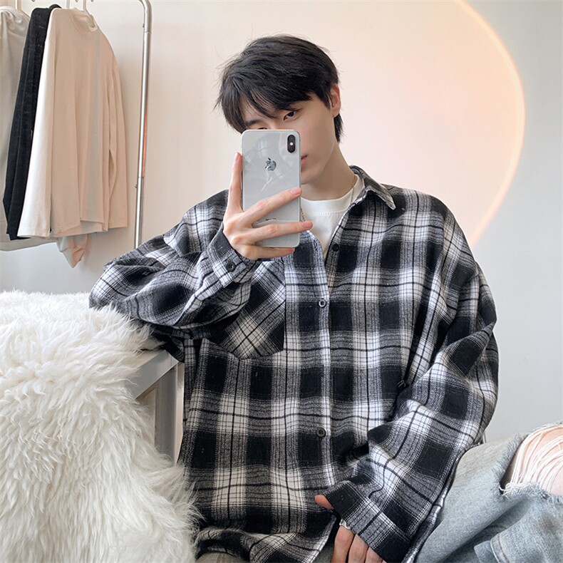 衬衫男秋季新款港风宽松大码磨毛格子长袖衬衣CS6638-特P29，男装衬衫，星座214-3