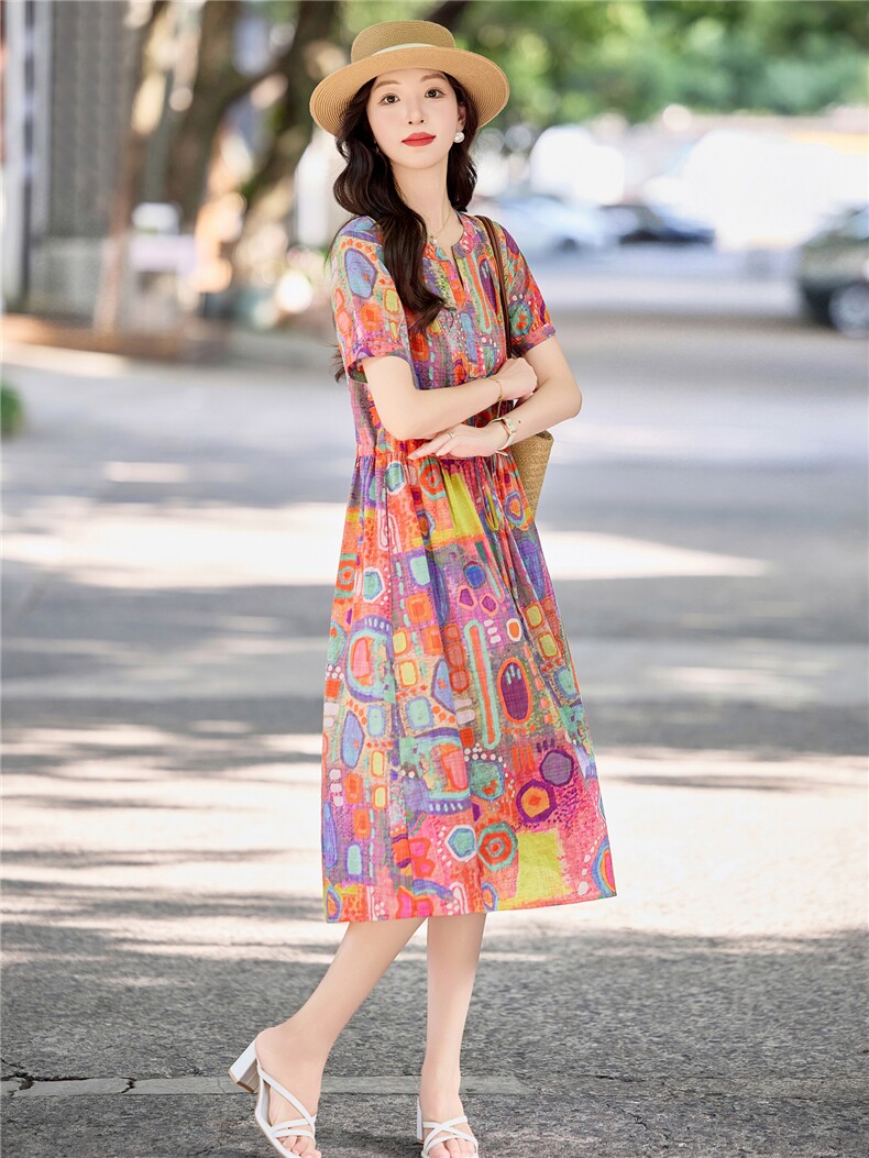 夏日多巴胺甜美印花棉麻连衣裙女2026新款收腰显瘦度假风气质长裙,女装连衣裙,倪叶myz