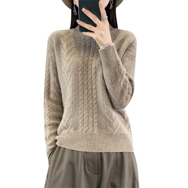 秋冬新款100%纯羊毛衫女半高领扭花加厚毛衣宽松羊绒衫针织打底衫,女装羊毛衫,琳华羊绒