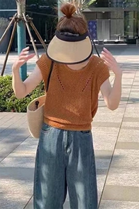 夏季新款时尚百搭系带款镂空冰丝短袖女图片