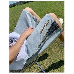 设计感~短裤男夏季新款潮牌痞帅拼接刺绣牛仔潮流宽松休闲五分裤图片