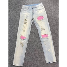 新款美式破洞弹力粉色补丁小脚潮流网红学生百搭复古男装牛仔裤潮，男装牛仔裤，星座410-7