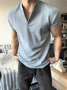 微胖男生穿搭亨利领短袖男款夏季美式重磅收袖口t恤健身三分半袖图片