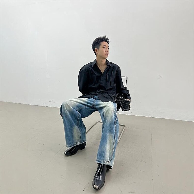 小众设计衬衫褶皱轻熟长袖雅痞风高级感衬衣禁欲系潮牌潮流春秋,男装衬衫,星座218-1（原230）