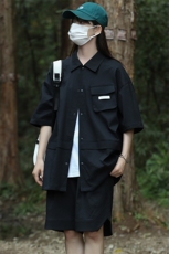 夏上新中性风纯色翻领衬衫时尚短裤半袖套装男女8717-P85控价138，男装衬衫，电商A441-1