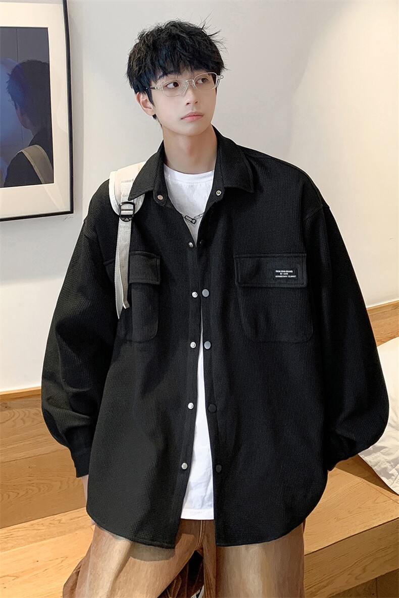 港风华夫格工装衬衫大码M-5XL情侣衬衣男长袖衬衫男CS7754P45控80,男装衬衫,星座227-7