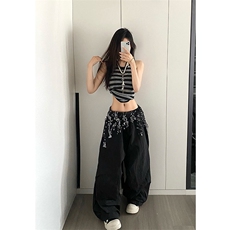 BabyStudios美式辣妹流苏亮片屁帘宽松运动裤女阔腿休闲伞兵裤夏，女装休闲裤，星座1210-1