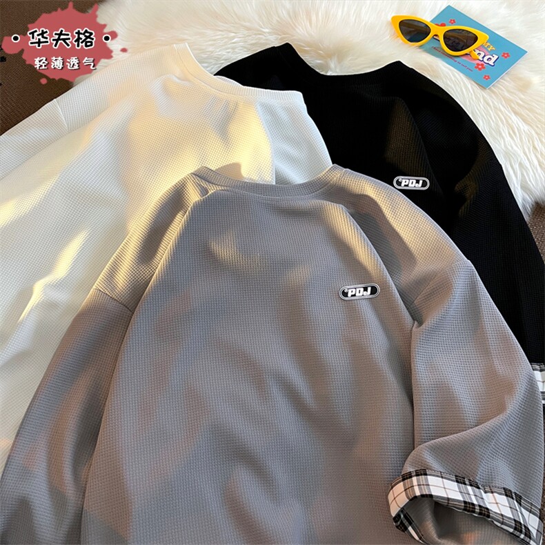 2023夏款翻边格子半袖男休闲大码复古华夫格五分袖T恤T21006-P25图片