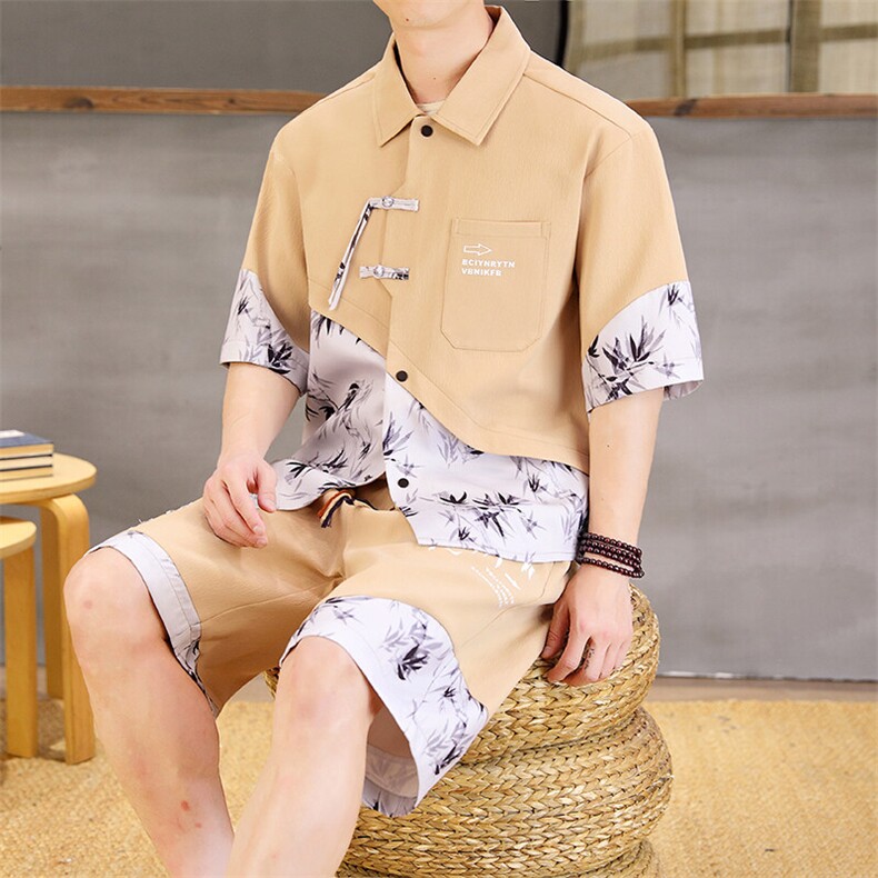 潮风套装男新中式短袖衬衫时尚休闲短裤两件套L1877-P58，男装牛仔裤，星座310B-3