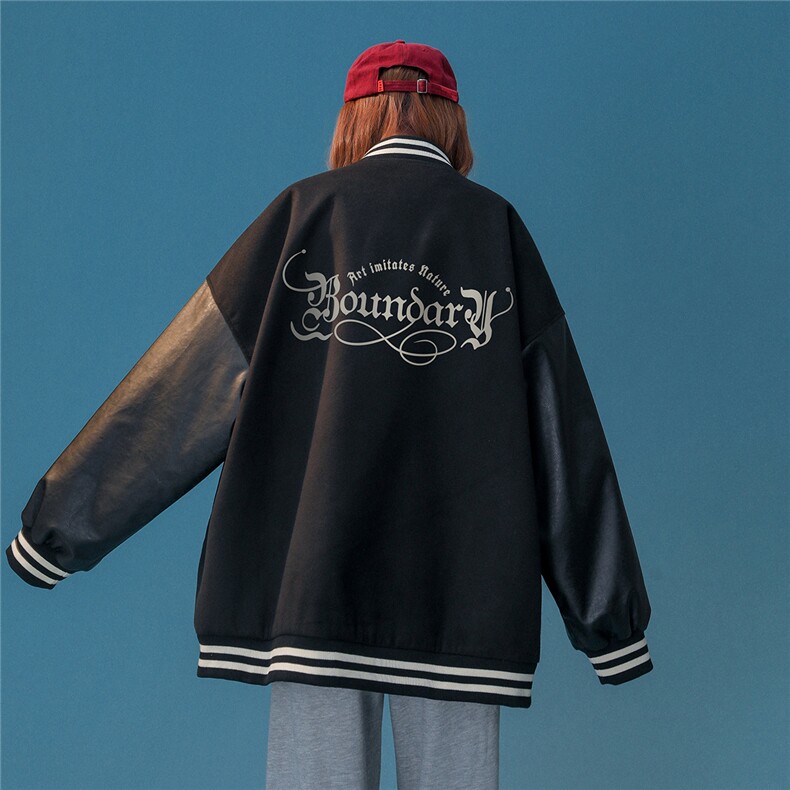 中性风22秋冬新款港风字母印花PU皮棒球服夹克外套G644P85控108,男装夹克,A247A