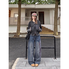 美式复古刺绣宽松直筒竹节纹牛仔裤男女阔腿街头cleanfit长裤潮，男装牛仔裤，四季星座505