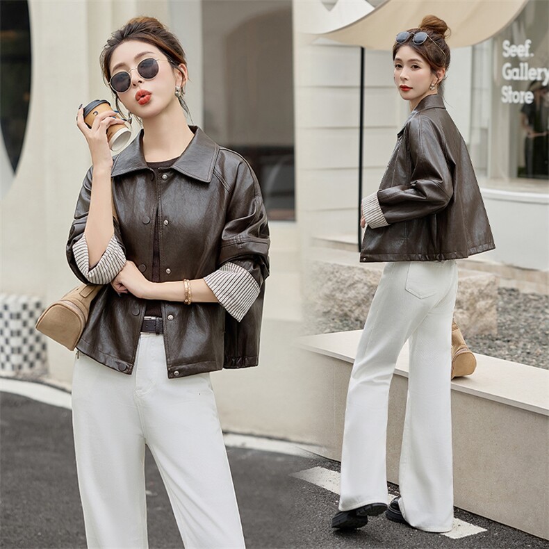 2025秋季女装新款大量现货时尚韩版立领袖口翻边撞色短款皮衣外套，女装皮衣，跑量工厂店