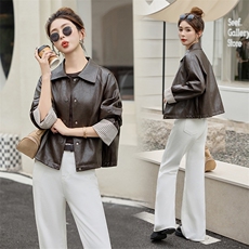 2025秋季女装新款大量现货时尚韩版立领袖口翻边撞色短款皮衣外套，女装皮衣，跑量工厂店