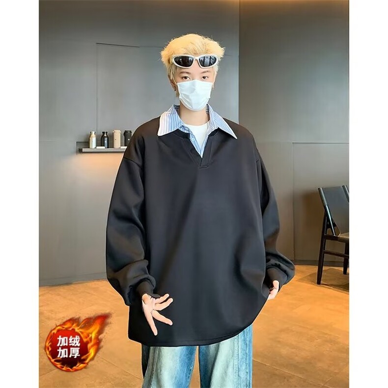 假两件拼接翻领加绒卫衣男秋季潮牌宽松情侣休闲套头上衣WY104A,男装卫衣,星座516A