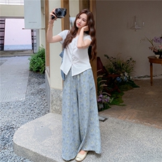 法式设计感上衣阔腿裤套装女2025年夏季新款显瘦度假风甜美两件套，女装套装/套裙，2C129