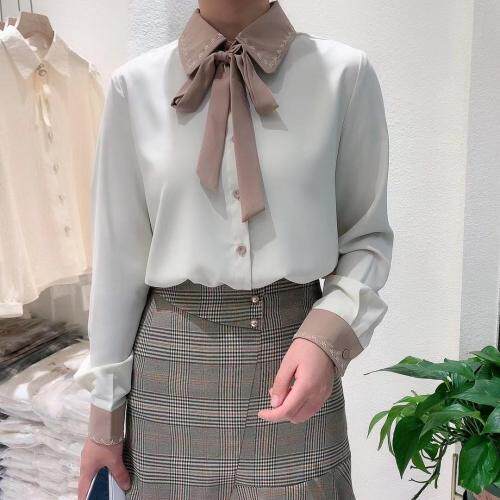 拼色绣花气质风衬衫，女装衬衫，麦筱萌