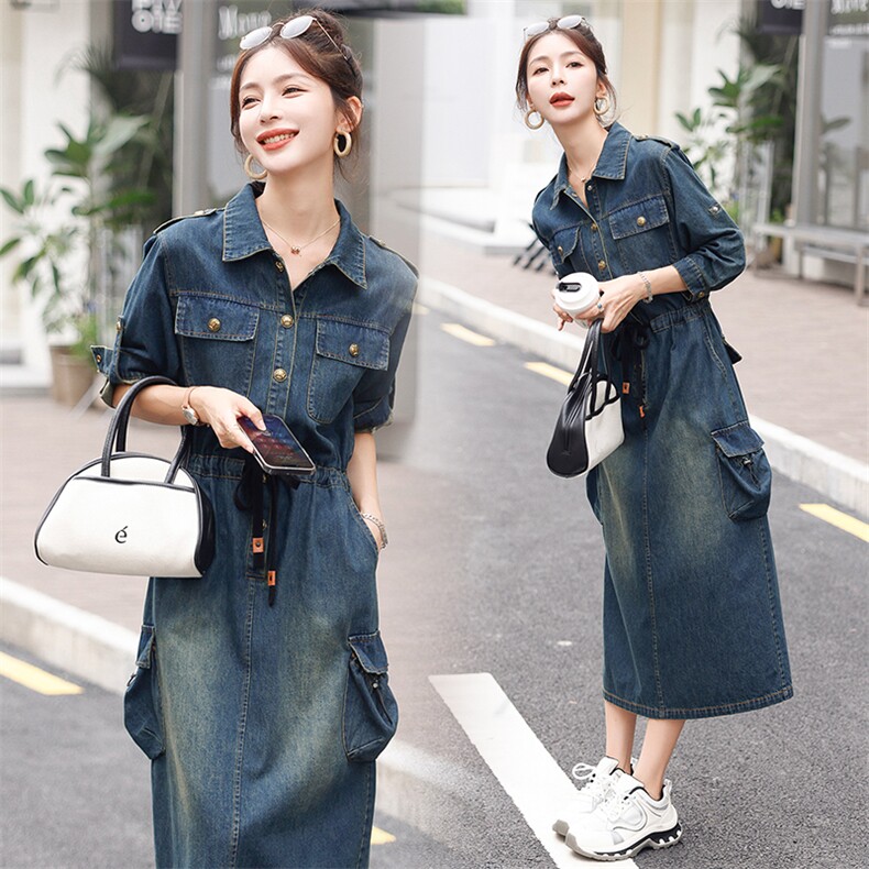 时尚春季新款牛仔连衣裙修身显瘦长款气质女装，女装连衣裙，秋水欣儿