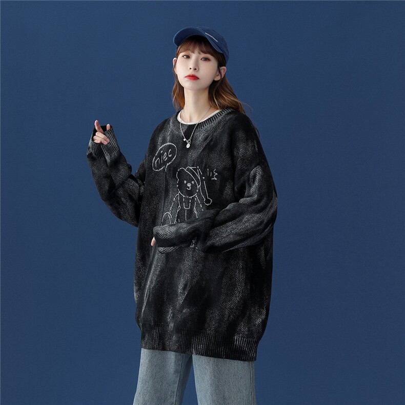 中性风22秋冬手绘带帽小熊图案套头圆领毛衣M08P65控88，男装针织衫/毛衣，A247A