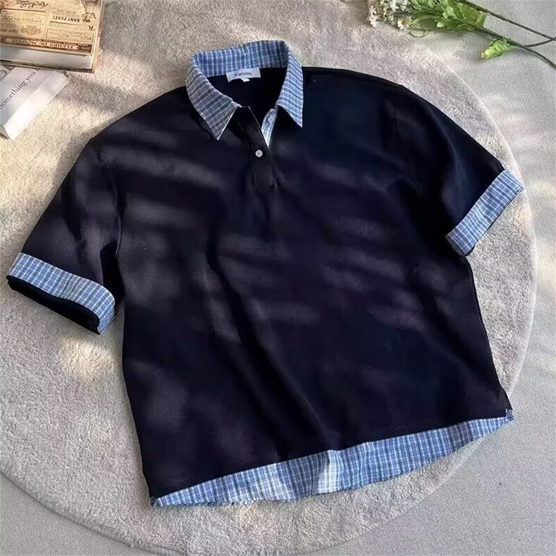 假两件拼接格纹POLO衫男夏季美式复古宽松休闲新款短袖t恤CS091,男装T恤,星座208-5