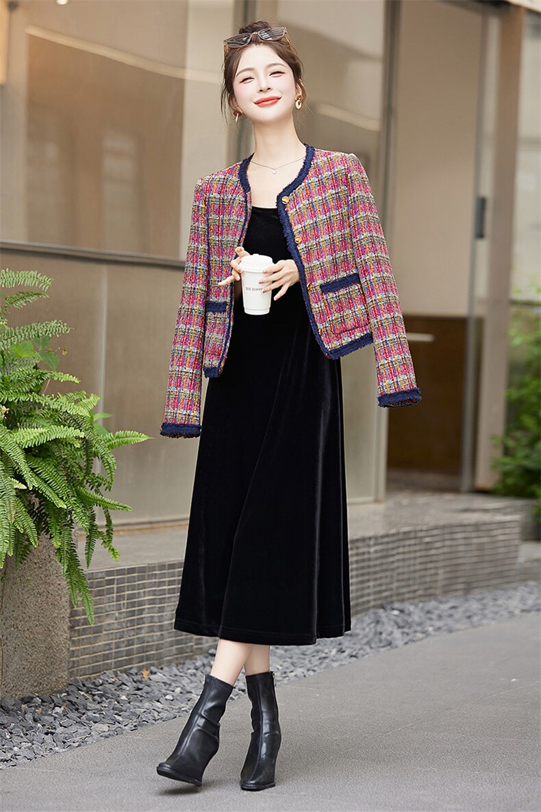 时尚小香风气质两件套连衣裙优雅显瘦长袖外套女秋冬季新款,女装套装/套裙,布芭啦