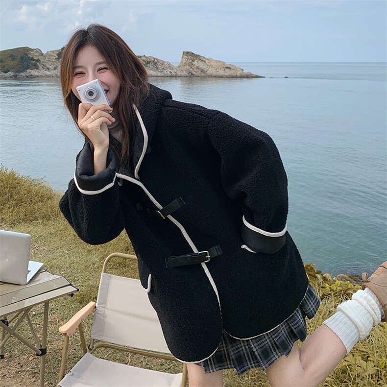 黑色连帽羊羔毛外套女2025秋冬新款慵懒风宽松显瘦小个子加厚大衣,女装短外套,2B187