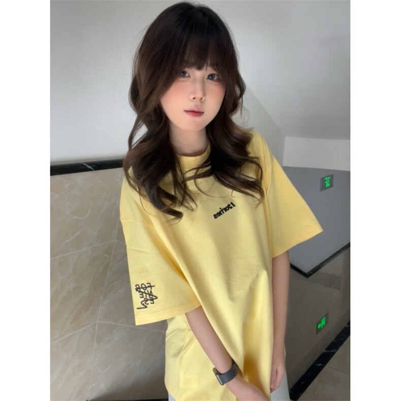 H0958-P35推荐#原版全刺绣包边拉肩休闲宽松短袖T恤图片