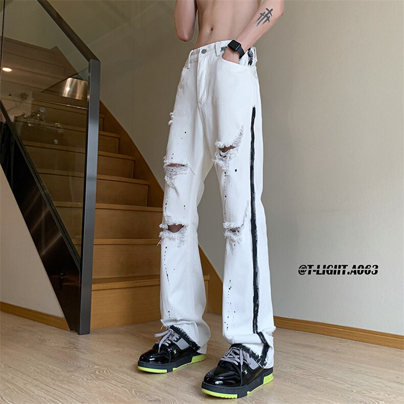 美式高街夏季破洞涂鸦黑白牛仔裤货号K739P65，男装牛仔裤，电商A063