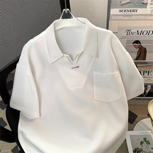 男装黑色v领短袖男士POLO衫夏季痞帅设计感T恤上衣601-1-PL701图片