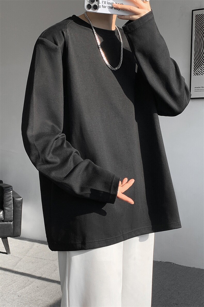 8XL-M重磅垫肩长袖T恤男设计感圆领卫衣正肩纯色打底衫DX329P48,男装T恤,电商D206-1
