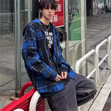 美式哥特风蓝格连帽衬衫男女春秋季潮牌高街拉链宽松休闲长袖外套，男装衬衫，星座506A