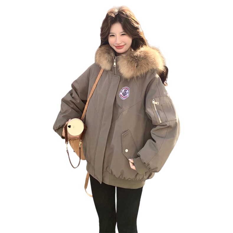 美式工装风毛领派克服女冬季保暖连帽外套军绿色加厚高级感羽绒服,女装羽绒服,2C166