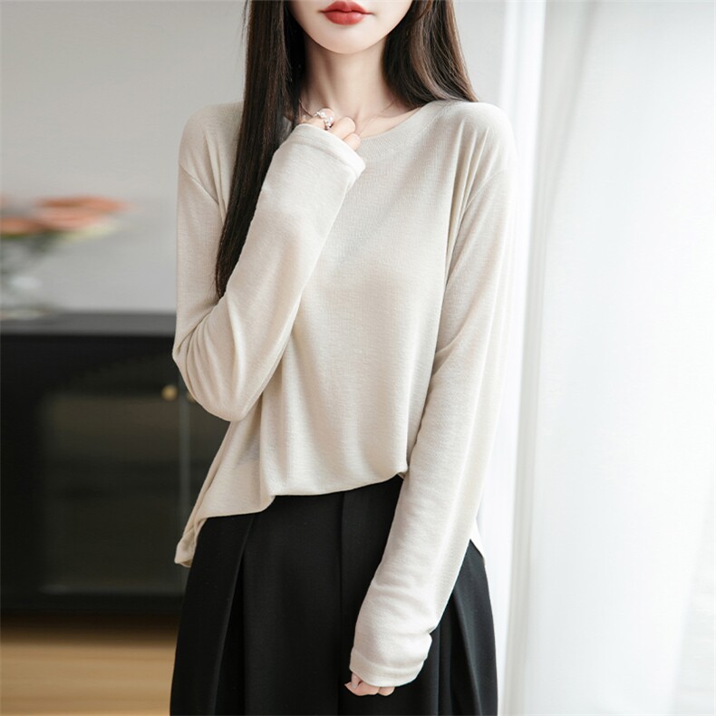 宽松慵懒风冰丝防晒T恤女2025夏长袖薄款大码小个子打底针织罩衫，女装防晒衣，思牵羊绒