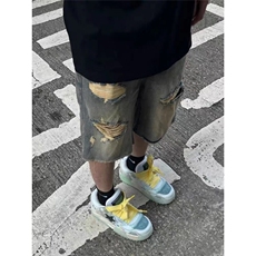 美式街头破洞牛仔短裤男夏季水洗做旧vintage裤子设计毛边五分裤，男装牛仔裤，星座506A