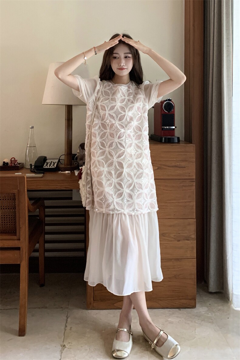 粉色拼接连衣裙女夏2025新款度假风流行减龄森系温柔风长裙爆款,女装连衣裙,2C201