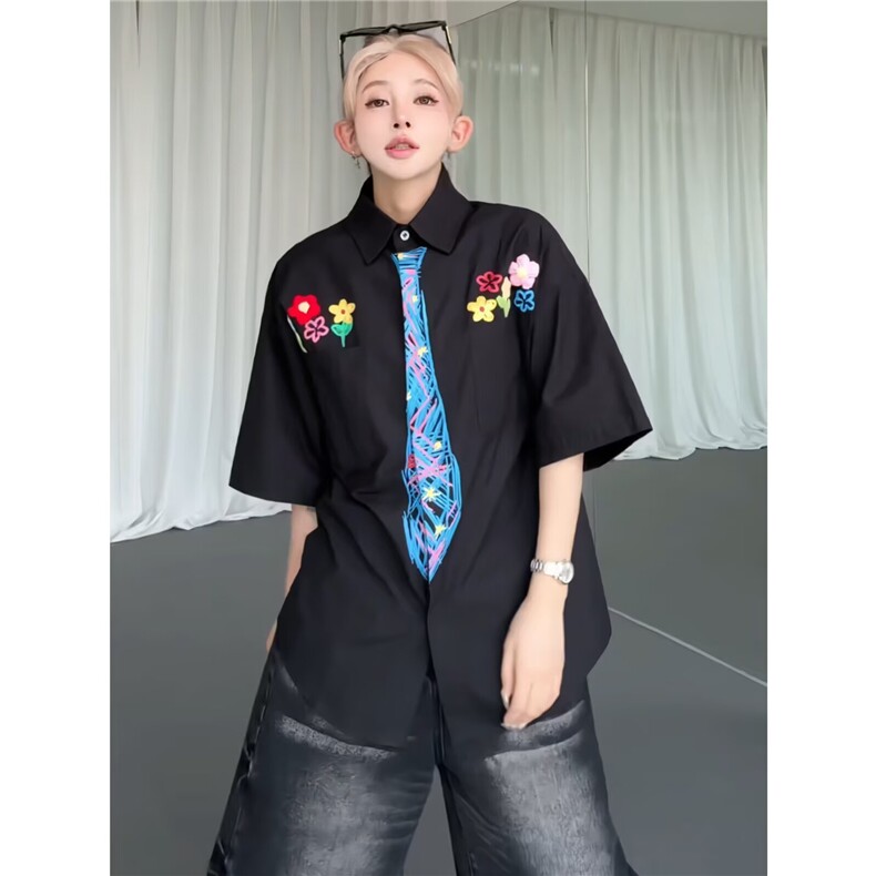 潮牌花卉刺绣短袖衬衫男女夏季手绘涂鸦设计感衬衣宽松情侣五分袖,男装T恤,星座506A