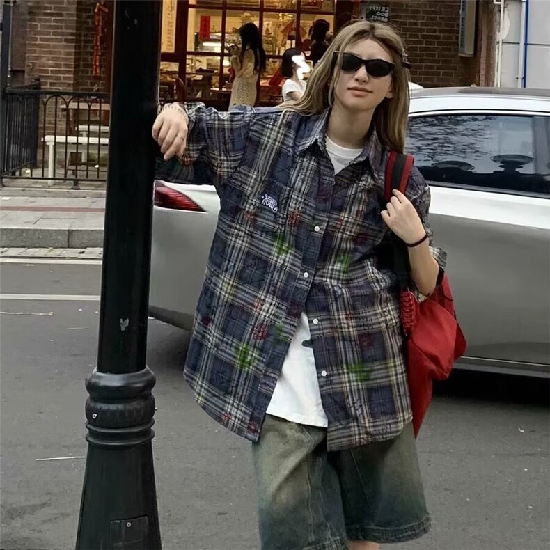 美式复古涂鸦印花格纹宽松衬衫女2025春季新款小众设计衬衣外套潮,男装衬衫,星座506A