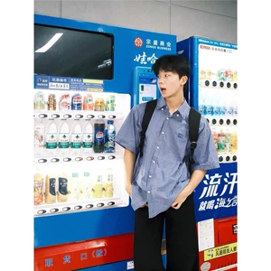 美式复古绅士小格子短袖衬衫男韩版宽松休闲夏季新品半袖衬衣图片