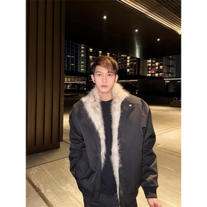 美式高级感夹克棉服男冬季加绒加厚双面穿皮毛一体外套男图片