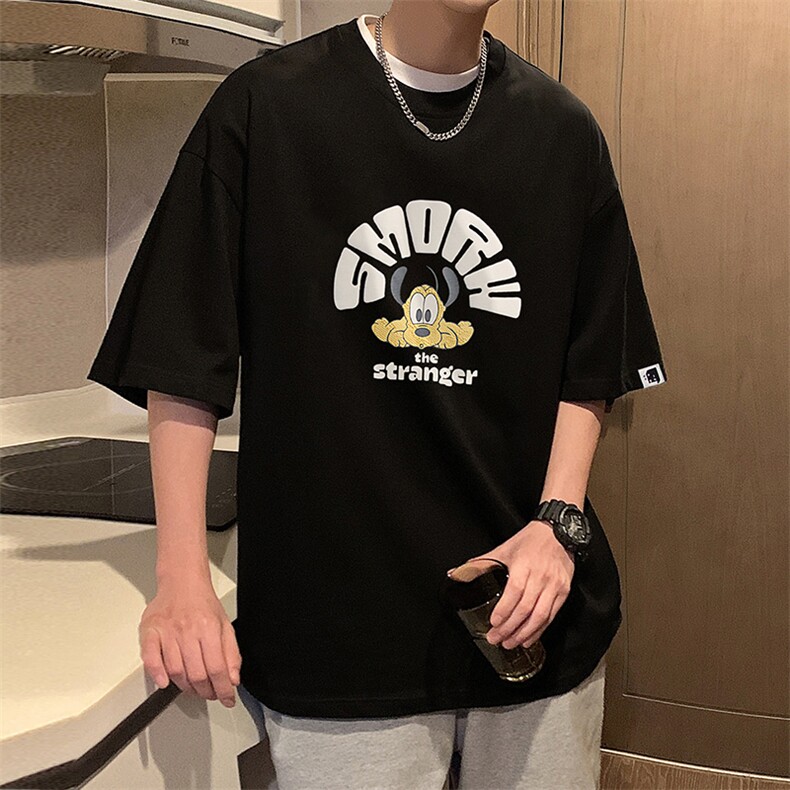港风纯棉短袖T恤男夏季ins潮流打底衫设计感宽松卡通半袖体恤,男装T恤,电商A409-1