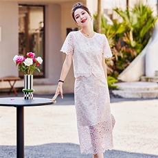 小香风刺绣蕾丝连衣裙女2025夏季新款高级感法式气质名媛两件套装，女装套装/套裙，慕依路