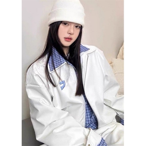 复古假两件格子拼接皮衣夹克男女春秋冬宽松休闲外套 JW277图片
