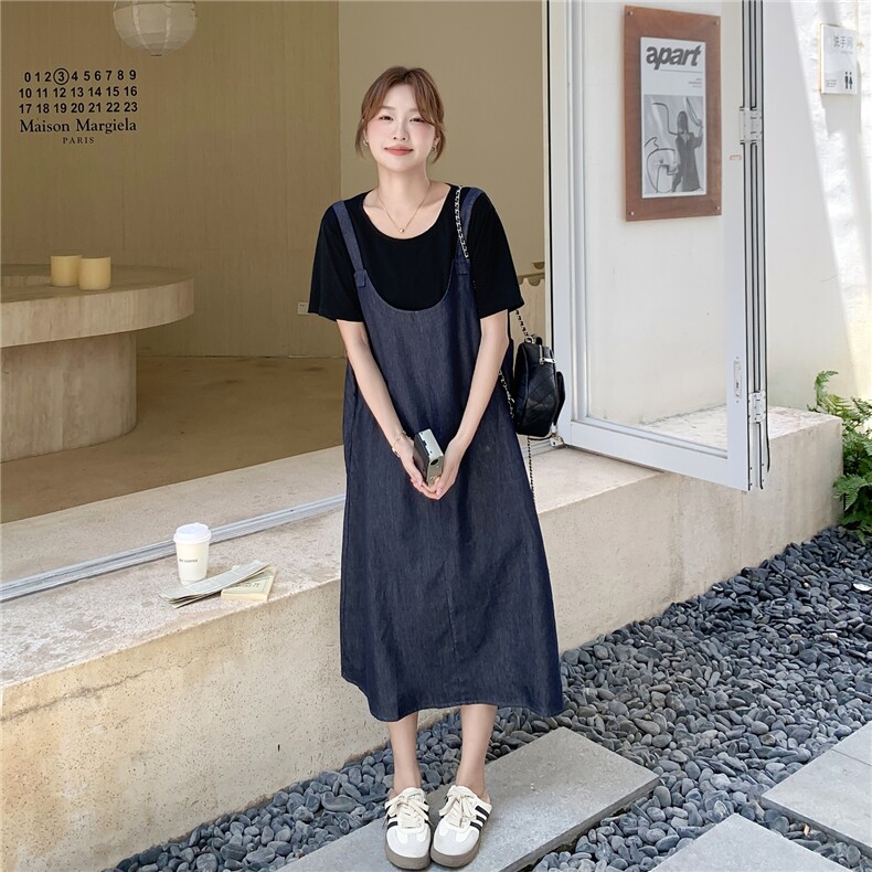慵懒风假两件拼接牛仔连衣裙女2025夏新款韩版宽松遮肉显瘦T恤裙,女装连衣裙,2C113