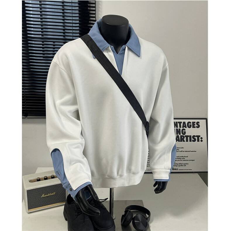 自家图！假两件翻领拼接宽松套头高级感卫衣，男装卫衣，星座617C