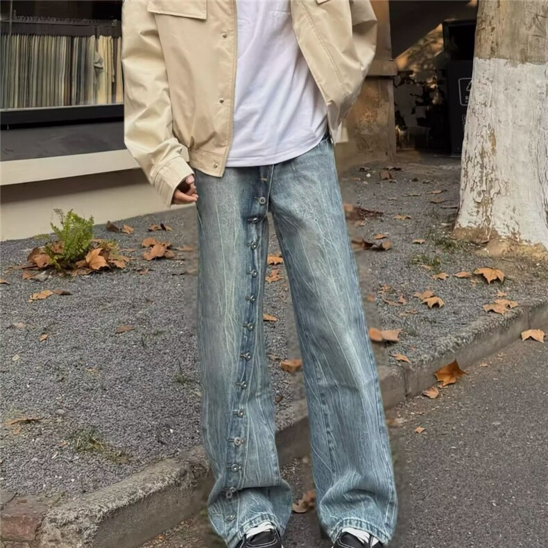 美式复古水洗斜门纽扣直筒牛仔裤男设计感小众宽松休闲百搭阔腿裤,男装牛仔裤,星座302B-2