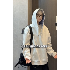 小众设计格纹拼接连帽卫衣半拉链韩系慵懒风外套HY922TP48控89图片