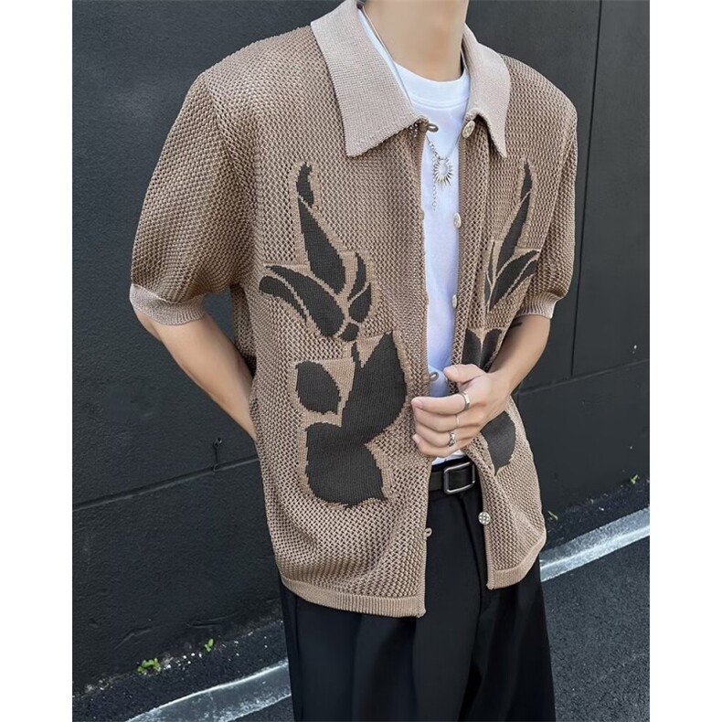 物理少年卡其复古花叶纹提花宽松短袖针织开衫夏 TE1103图片