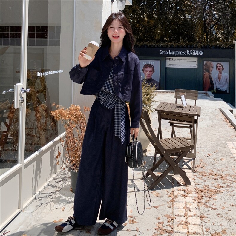 一整套穿搭牛仔套装女秋季2025新款高级感酷飒风吊带阔腿裤三件套图片